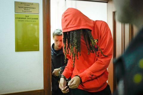 WNBA star Brittney Griner leaves a courtroom after a hearing in Khimki, Russia, on Friday, May 13. Griner, who has been <a href=