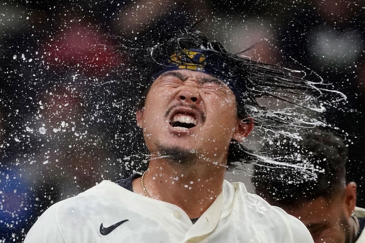 Milwaukee's Keston Hiura celebrates after hitting a walk-off home run to defeat the Atlanta Braves in Milwaukee, Wisconsin, on Wednesday, May 18.