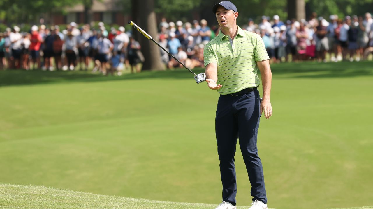 McIlroy reacts to a putt on the 17th green during the first round of the 2022 PGA Championship.