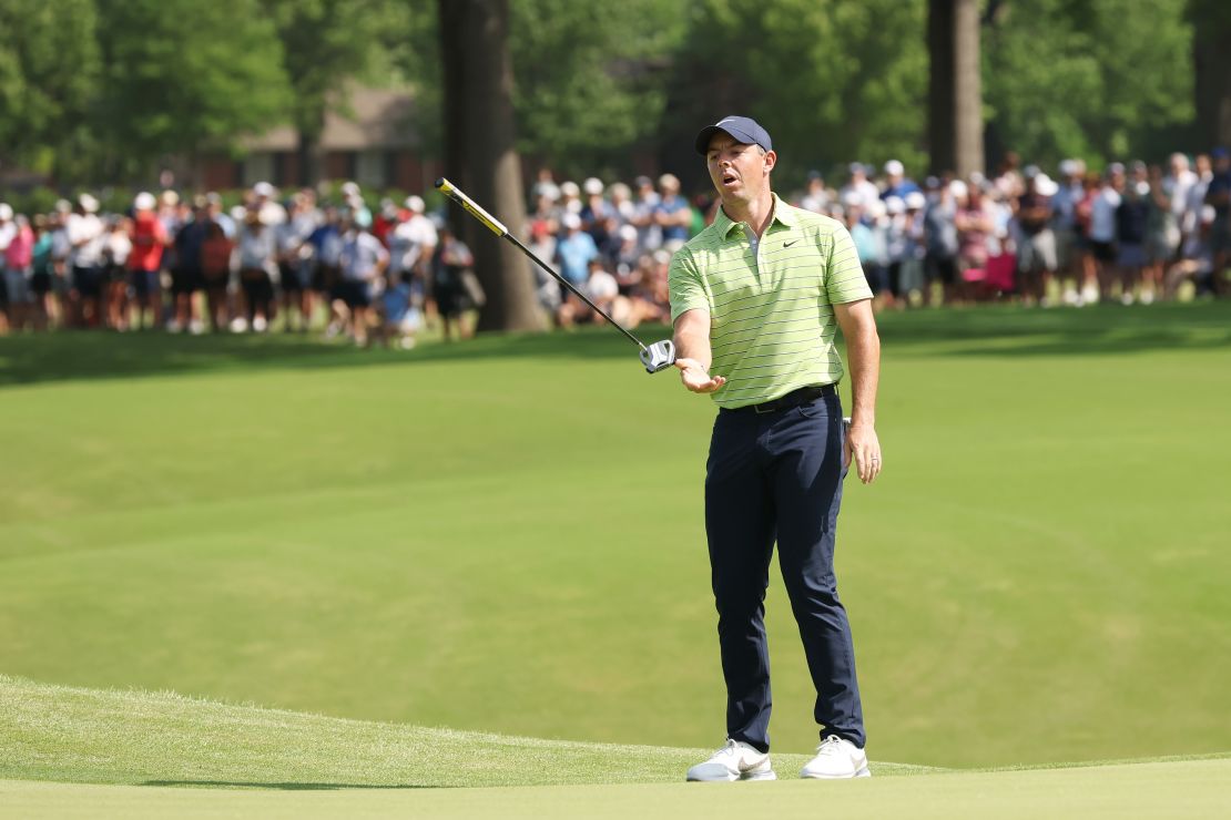 McIlroy reacts to a putt on the 17th green during the first round of the 2022 PGA Championship.