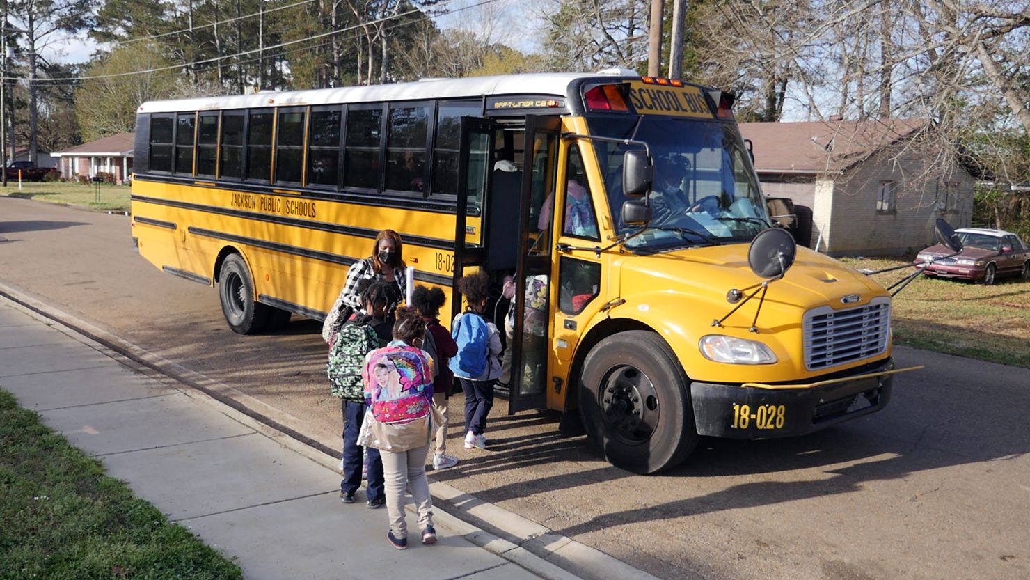 Children leave Wilkins Elementary school in in Jackson, Mississippi, on March 24, 2022.