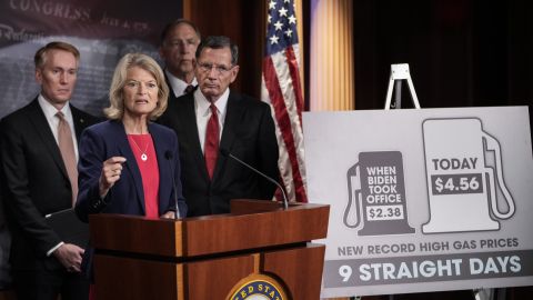 Sen. Lisa Murkowski, an Alaska Republican, speaks during a news conference about high gas prices at the US Capitol on May 18, 2022 in Washington, DC. 