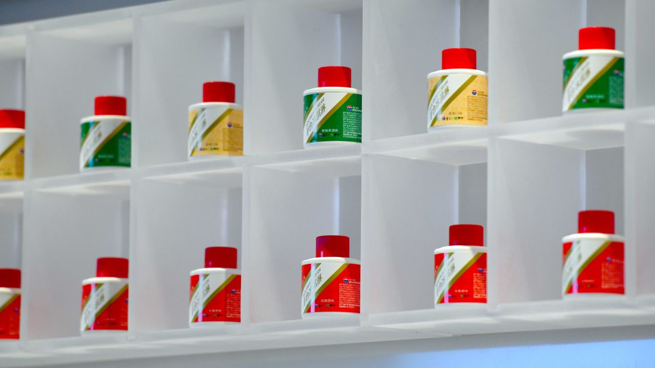 Bottles of Moutai line the shelves of the brand's flagship ice cream store. 