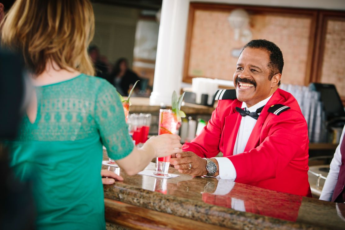 Actor Ted Lange creates "The Isaac" cocktail during a video shoot Aboard Crown Princess, Friday, Feb. 6, 2015, in San Pedro, Calif. (Bret Hartman/AP Images for Princess Cruises)