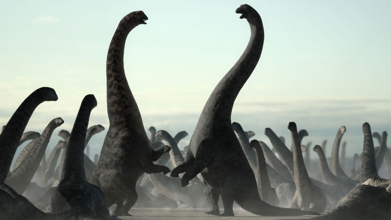 Dreadnoughtus fight for dominance in the Apple TV+ series 'Prehistoric Planet.'
