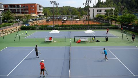 Tennis students train at the Mouratoglou Academy in Biot, southeastern France, on September 23, 2021. 