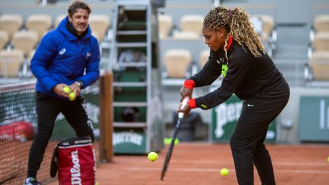 Serena Williams trains with her coach Patrick Mouratoglou ahead of the 2020 French Open at Roland Garros on September 26, 2020.
