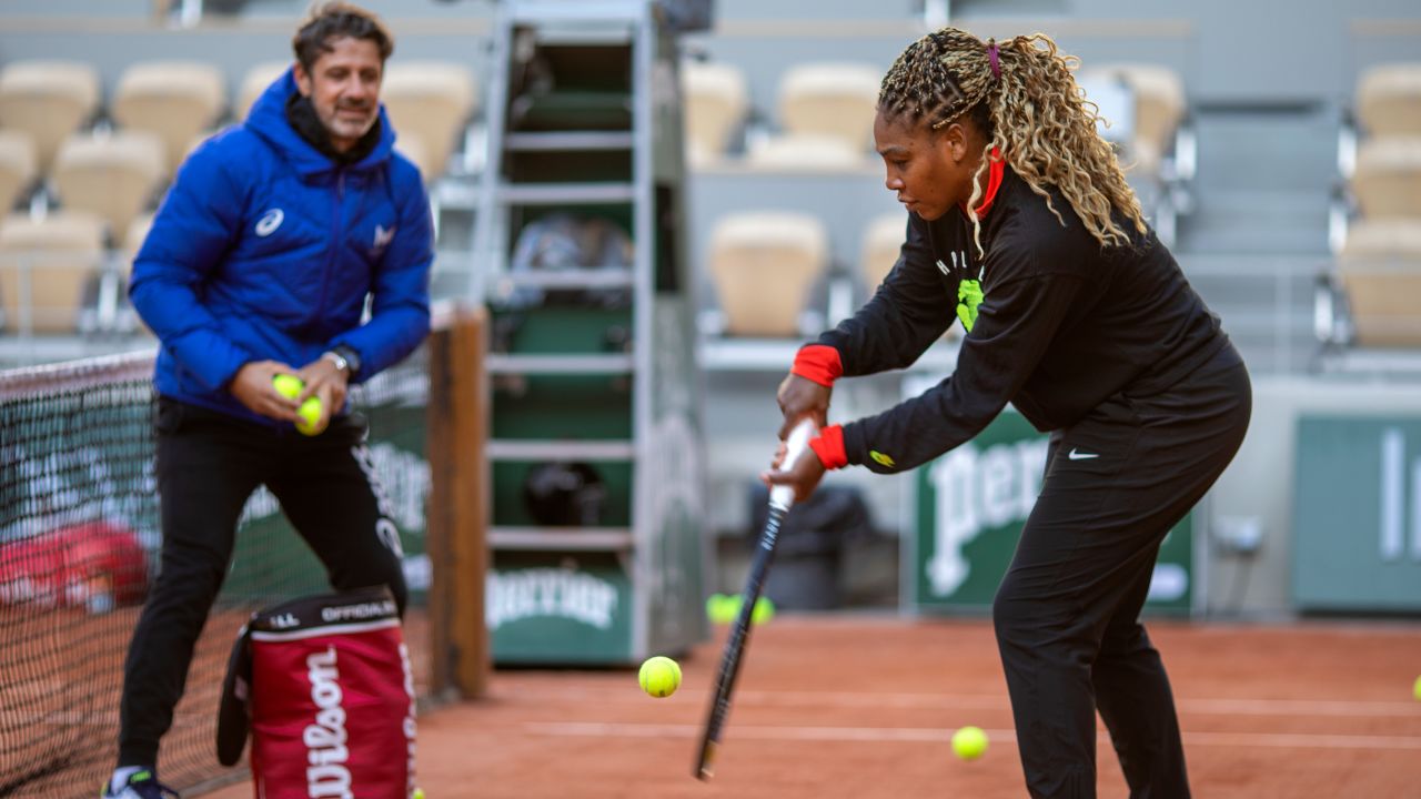 Serena Williams training with coach Patrick Mouratoglou in preparation for the 2020 French Open at Roland Garros on September 26, 2020.