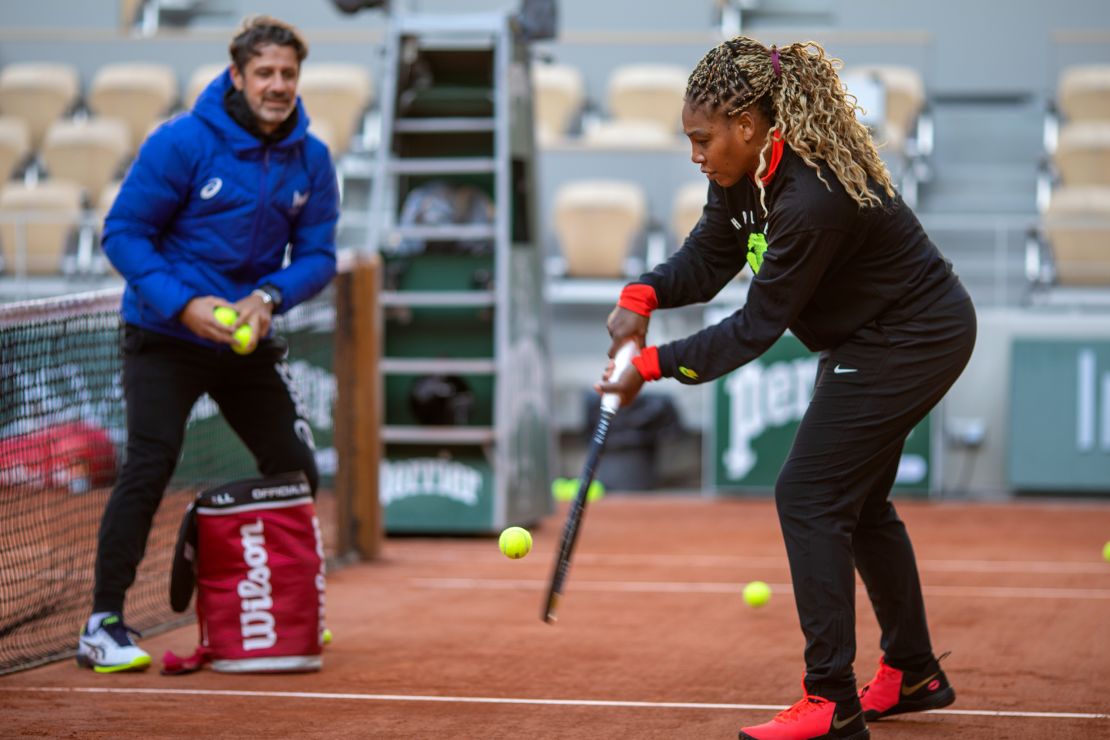 Serena Williams training with coach Patrick Mouratoglou in preparation for the 2020 French Open at Roland Garros on September 26, 2020.