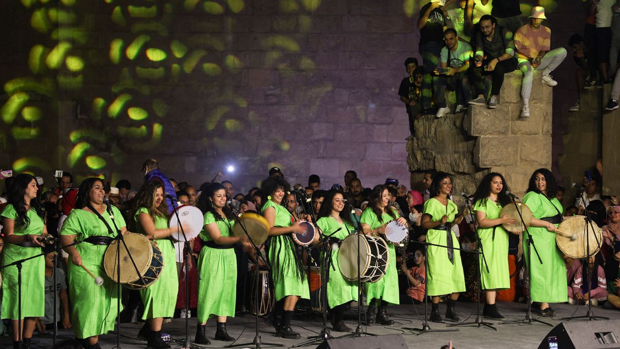 Egyptian women's band Tablet el-Set (Lady's Tambourine) perform at the 9th International Festival for Drums and Traditional Arts at North Cairo Wall Theater on the Cairo's historic Moez Street on May 22.