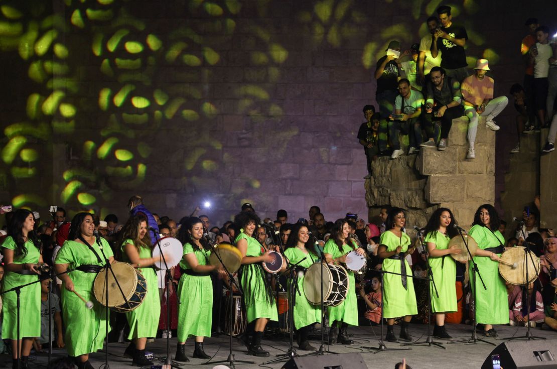 Egyptian women's band Tablet el-Set (Lady's Tambourine) perform at the 9th International Festival for Drums and Traditional Arts at North Cairo Wall Theater on the Cairo's historic Moez Street on May 22.