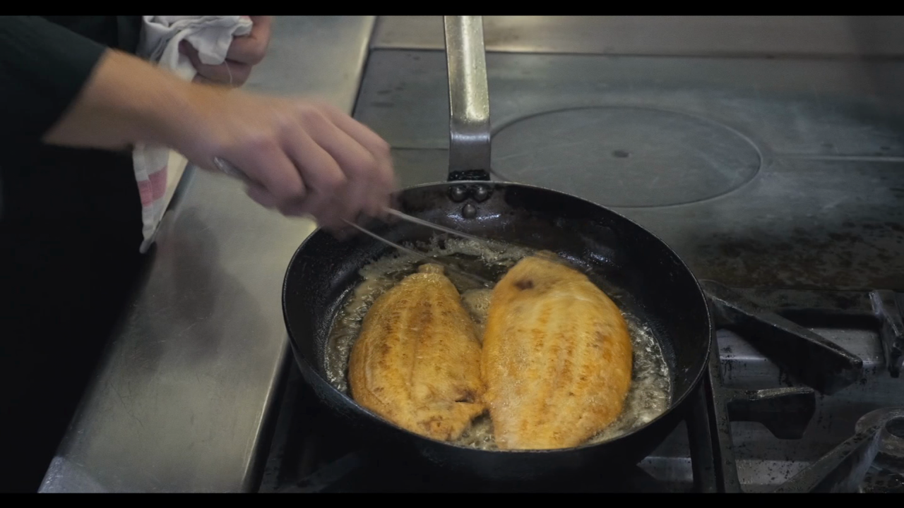 The fish should be golden brown on both sides. Take care when turning it over in the pan.