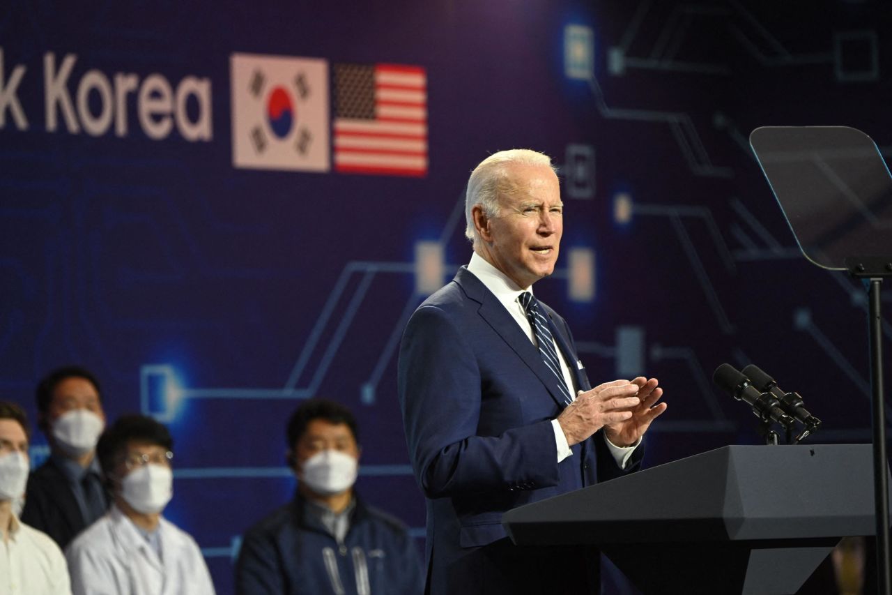 Biden gives a speech following a tour of a Samsung factory in Pyeongtaek on Friday, May 20. He tied the global chip shortage to the war in Ukraine, saying the United States and its allies must reduce their dependence on essential items from autocratic regimes.