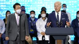 President Joe Biden delivers remarks with South Korean President Yoon Suk Yeol as they visit the Samsung Electronics Pyeongtaek campus, Friday, May 20, 2022, in Pyeongtaek, South Korea. (AP Photo/Evan Vucci)