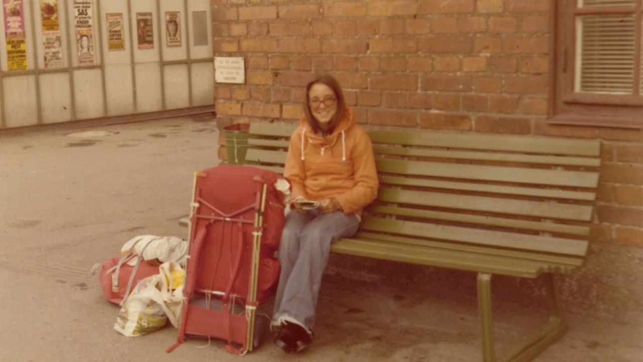 Trudy Harpham is pictured here at Kiruna rail station, Sweden, 1976. "As far north as Interrail would take me," is how Harpham describes Kiruna.