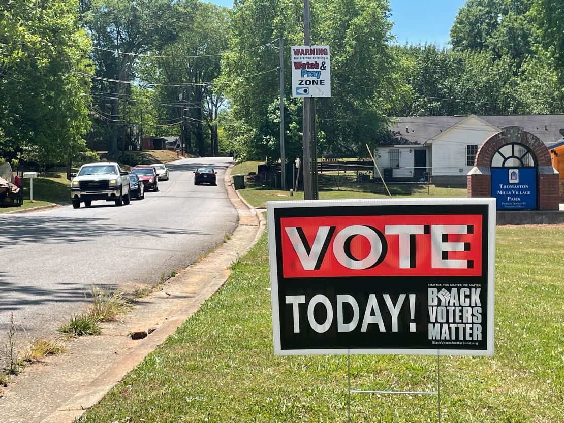 A voting sign outside the Breakthrough Deliverance Church in Griffin, Georgia.