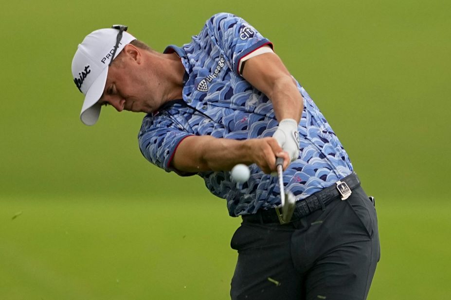 Justin Thomas hits from the rough on the 16th hole during the second round.