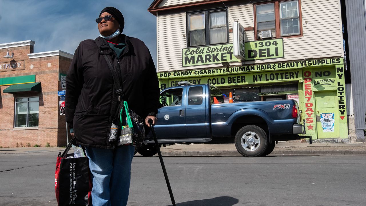 Jewelen "Jewel" Magee walks along Jefferson Avenue in Buffalo, where she has lived for more than 50 years.