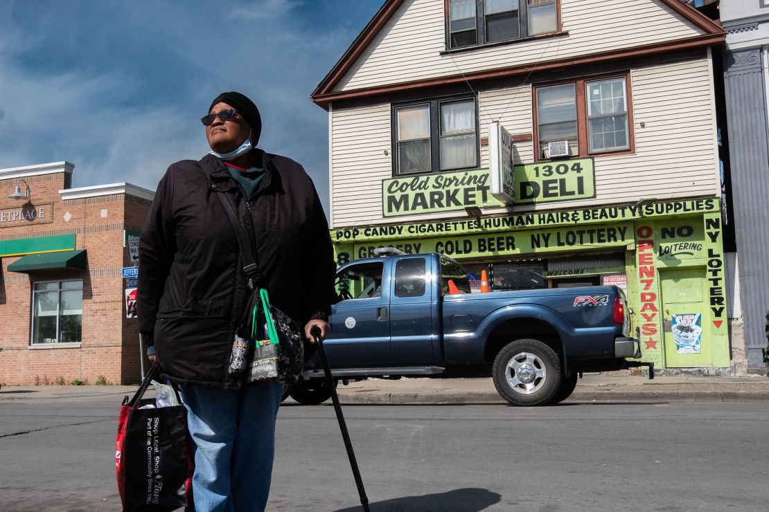Jewelen "Jewel" Magee walks along Jefferson Avenue in Buffalo, where she has lived for more than 50 years.