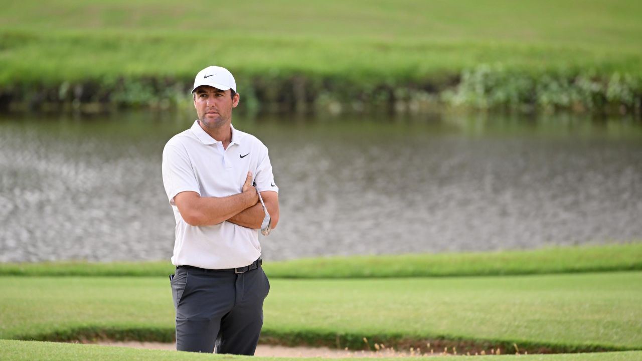 Scheffler reacts after hitting his bunker shot on the 13th hole during the second round of the 2022 PGA Championship.
