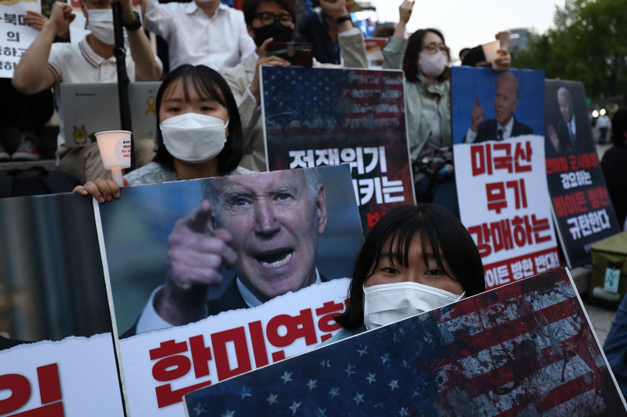 Activists in Seoul protest Biden's visit to South Korea.