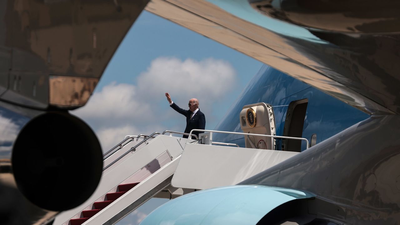 US President Joe Biden boards Air Force One at Joint Base Andrews in Maryland on May 19, 2022, as he travels to South Korea and Japan, on his first trip to Asia as President (Photo by Oliver Contreras/Sipa USA)(Sipa via AP Images)