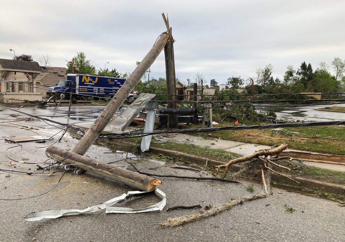 A telephone pole and power lines were downed Friday after a tornado came through the area in Gaylord, Michigan.
