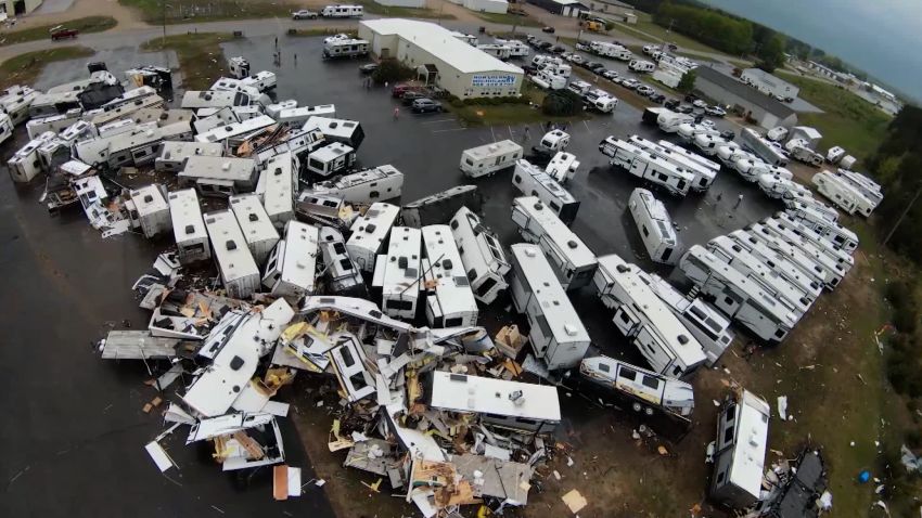 Camper trailers and RV's are seen tossed across a parking lot of a RV dealership following a deadly tornado in Gaylord, Michigan, Friday evening May 20, 2022.  (SevereStudios /Jordan Hall) MS 18273082