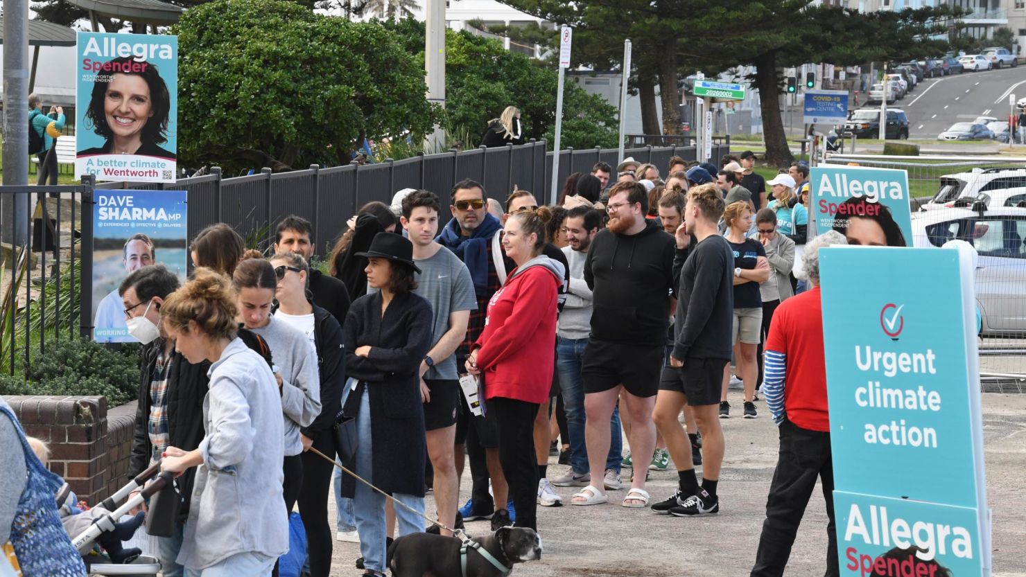 Voters wait in line outside Bondi Surf Bathers Life Saving Club in the electorate of Wentworth on May 21.