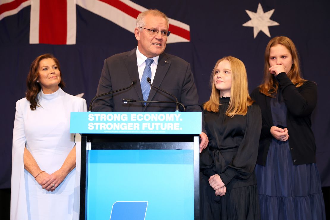 Scott Morrison, flanked by his wife and daughters as he concede defeat to Labor leader Anthony Albanese.