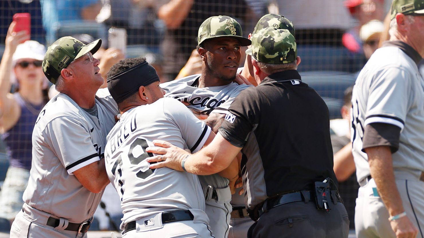 Jose Abreu holds back Tim Anderson of the Chicago White Sox after a benches-clearing dispute between Yasmani Grandal of the Chicago White Sox (not pictured) and Josh Donaldson of the New York Yankees (not pictured) during the fifth inning at Yankee Stadium on May 21, 2022.