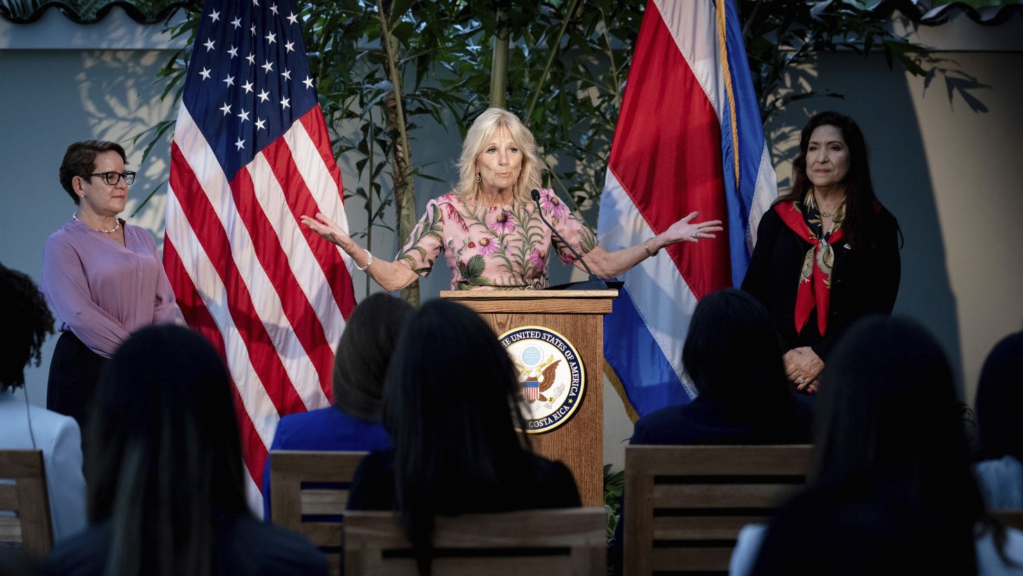 First lady Jill Biden speaks at a women entrepreneurs event at the U.S. Chief of Mission Residence in San José, Costa Rica, Saturday, May 21, 2022. The women in attendance have participated in U.S. State Department-sponsored programs focused on entrepreneurship. 