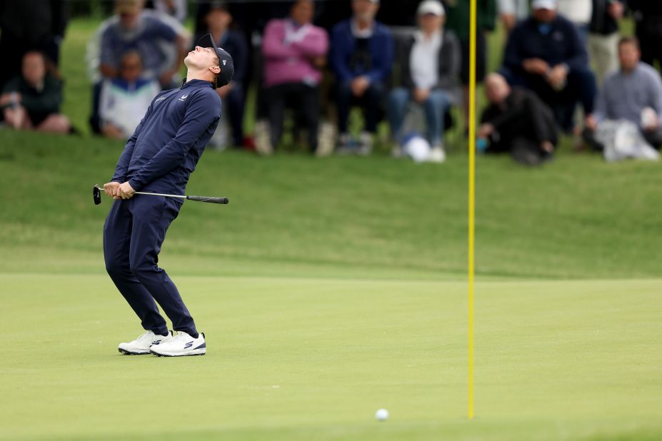 Matt Fitzpatrick reacts to a missed birdie putt on the 15th green during the third round.