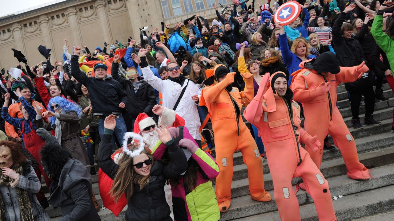 People in costumes perform the Harlem Shake Dance in Szczecin, Poland on March 9, 2013.