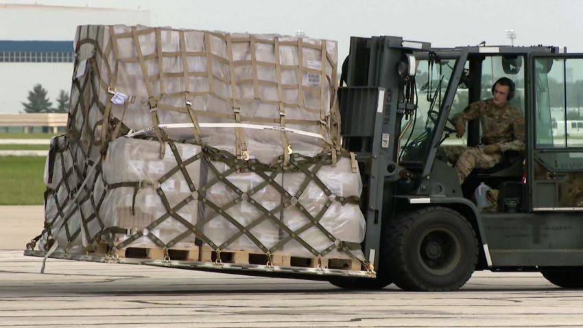 A shipment of baby formula arrives in Indianapolis, Indiana on a US military aircraft from Germany, on Sunday, May 22.