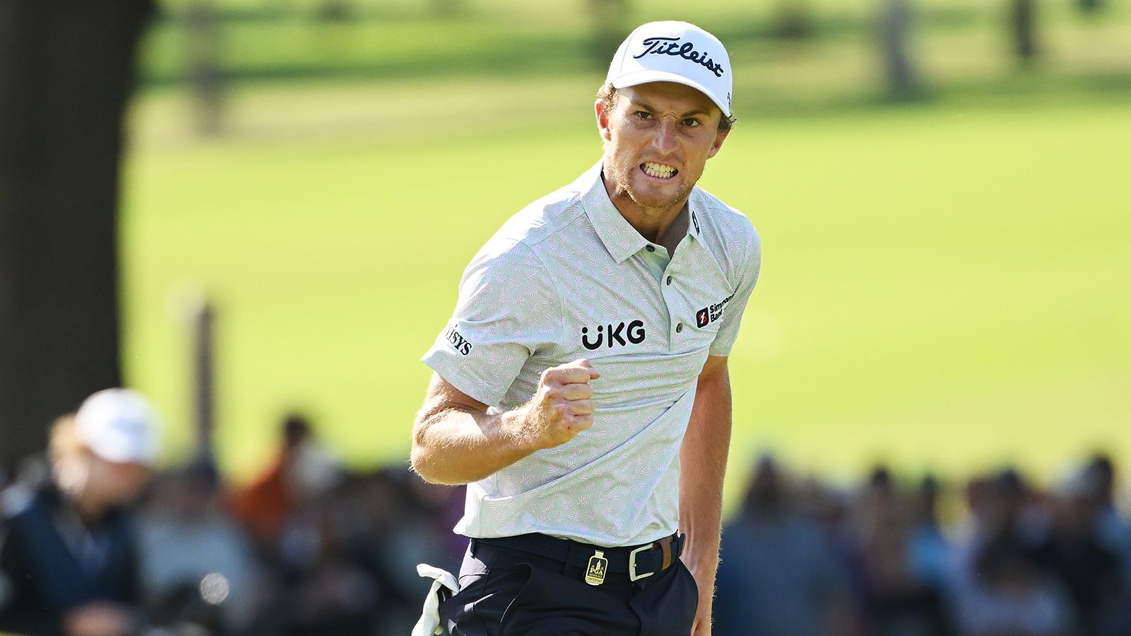 Will Zalatoris reacts to his putt on the 18th green, putting him against Justin Thomas for the three-hole playoff. 
