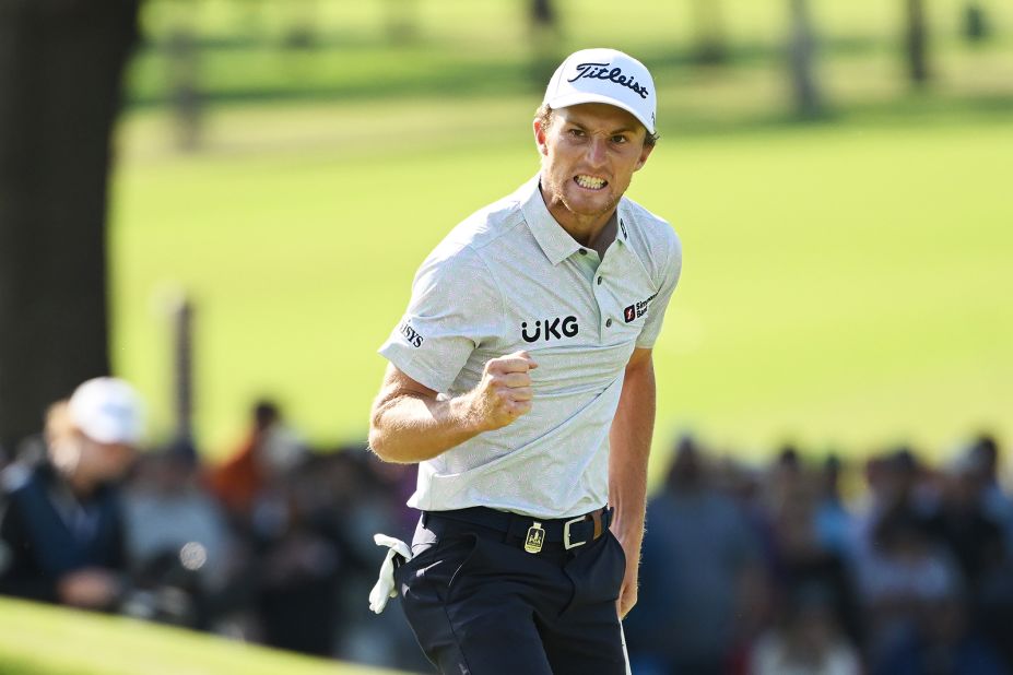 Will Zalatoris reacts to his putt on the 18th green, putting him against Justin Thomas for the three-hole playoff. 