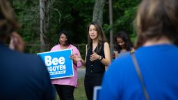 Georgia Secretary of State candidate Bee Nguyen speaks to volunteers prior to canvassing in Atlanta.