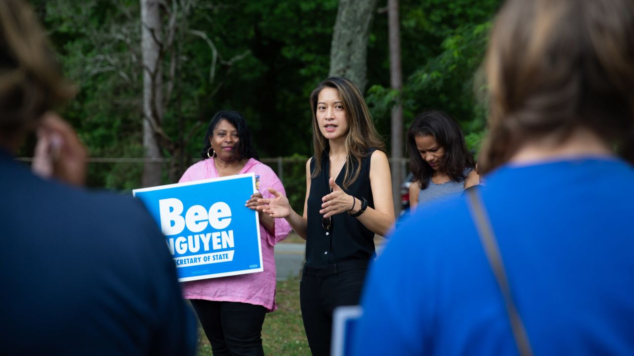 Georgia state Representative Bee Nguyen speaks to volunteers at Adams Park prior to canvassing in Atlanta on May 21, 2022. Nguyen is running for secretary of state.