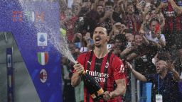 AC Milan's Zlatan Ibrahimovic celebrates after winning a Serie A soccer match between AC Milan and Sassuolo, in Reggio Emilia's Mapei Stadium, Italy, Sunday, May 22, 2022. AC Milan secured its first Serie A title in 11 years on Sunday with a 3-0 win at Sassuolo. (Michele Nucci/LaPresse via AP)