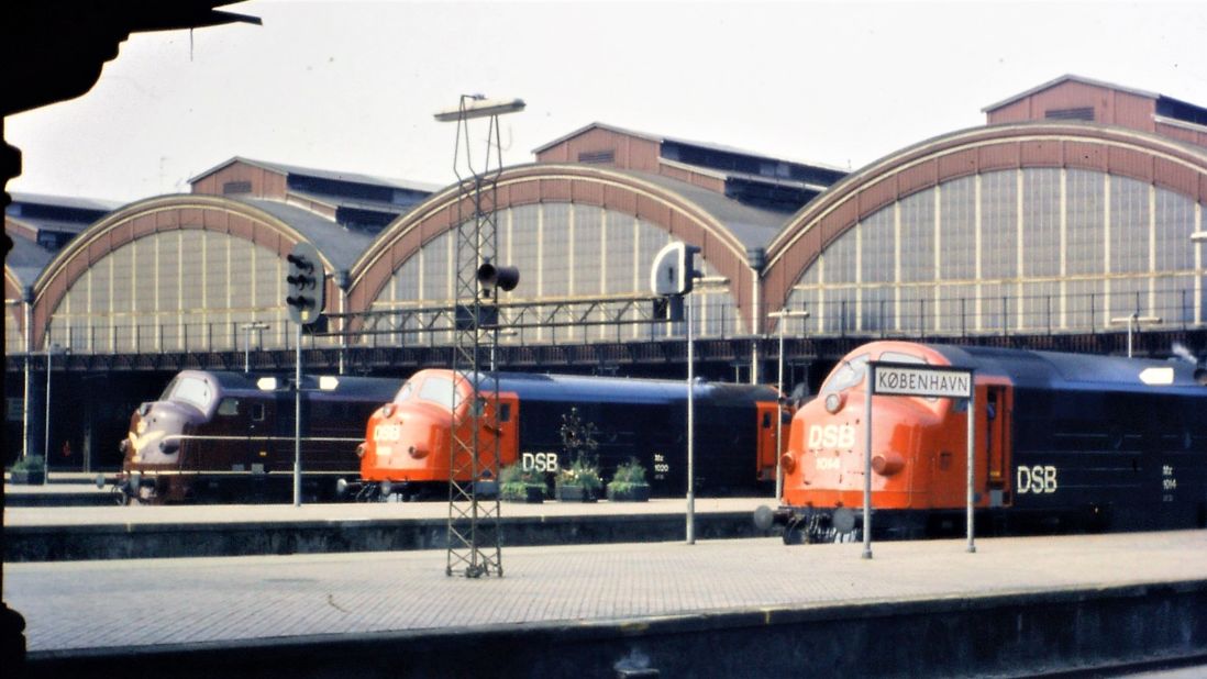<strong>Train station scenes:</strong> Here's a 1973 shot of trains waiting to depart Copenhagen train station in Denmark.
