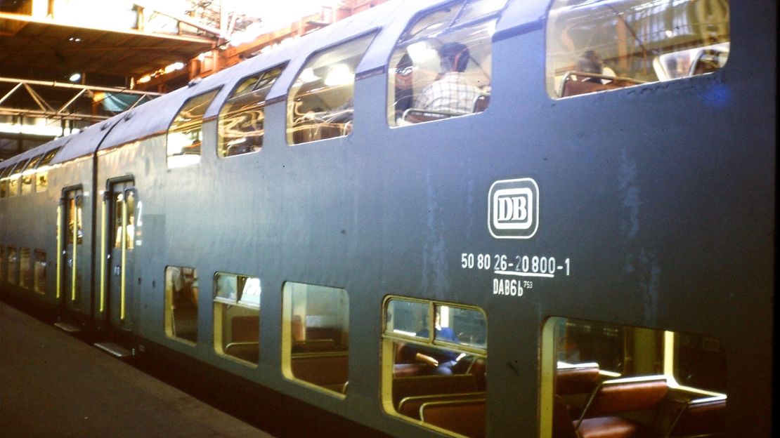 Tim Thomas shares his digitized slides on his Twitter account @timofnewbury, including this shot of a double decker train in Germany.