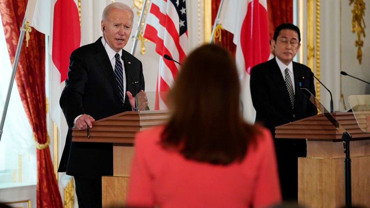 Biden speaks during a news conference in Tokyo with Kishida on Monday, May 23. <a href="https://www.cnn.com/2022/05/23/politics/biden-taiwan-china-japan-intl-hnk/index.html" target="_blank">Biden said Monday</a> that the United States would intervene militarily if China attempts to take Taiwan by force, a warning that appeared to deviate from the deliberate ambiguity traditionally held by Washington. The White House quickly downplayed the comments, saying they don't reflect a change in US policy.