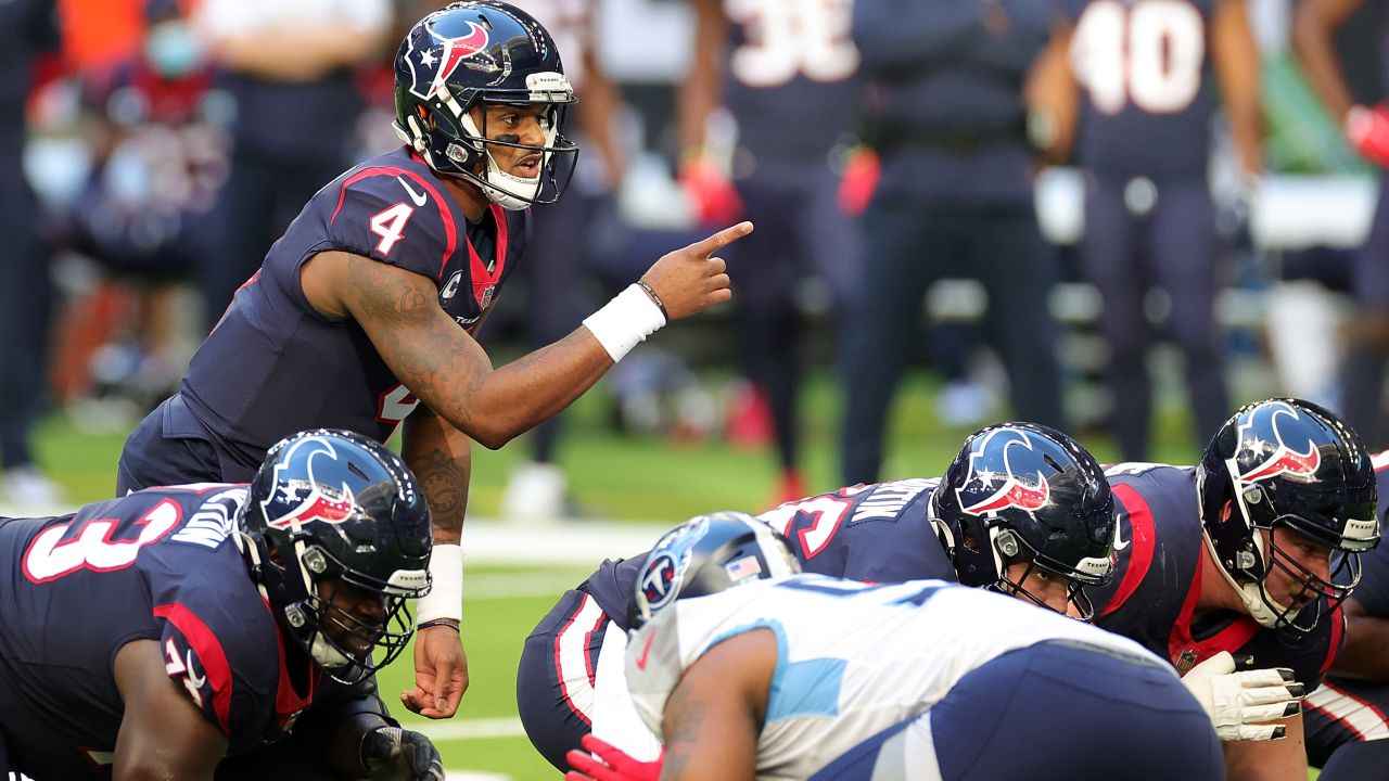 Deshaun Watson #4 of the Houston Texans calls a play at the line of scrimmage during a game against the Tennessee Titans at NRG Stadium on January 03, 2021 in Houston, Texas.