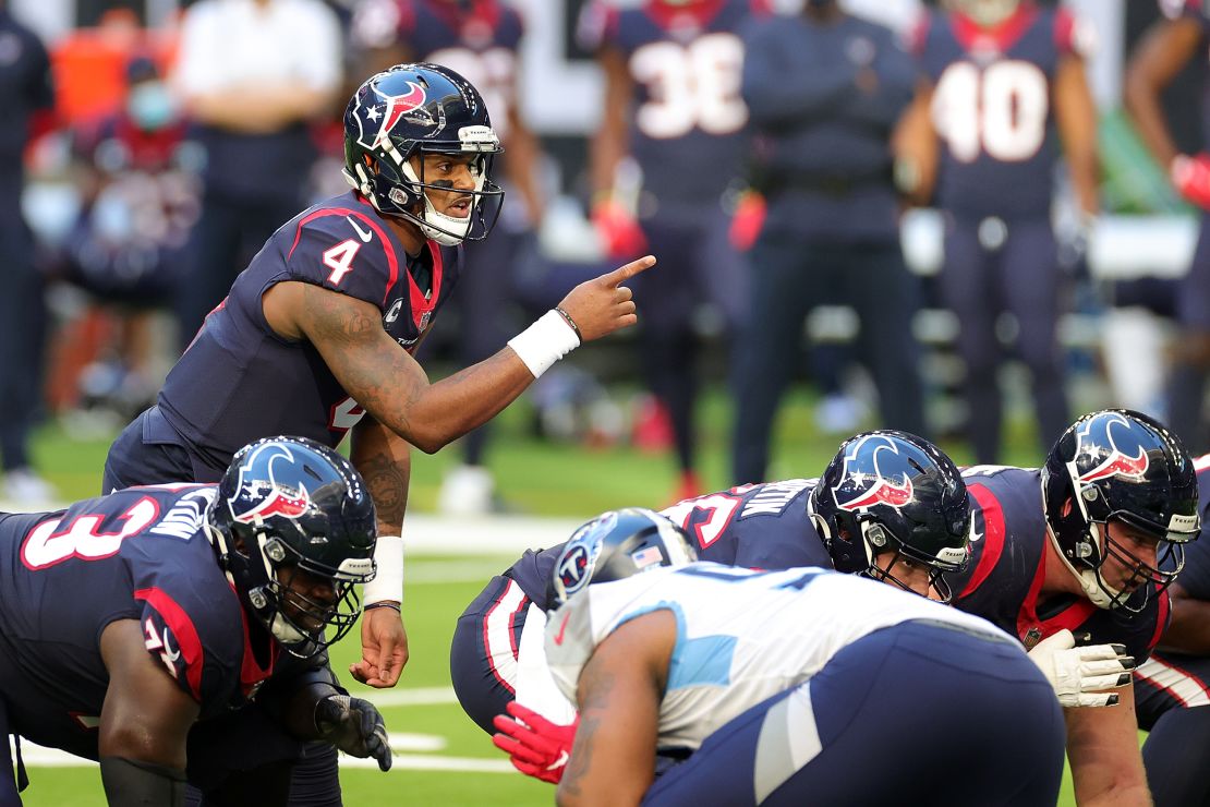 Deshaun Watson #4 of the Houston Texans calls a play at the line of scrimmage during a game against the Tennessee Titans at NRG Stadium on January 03, 2021 in Houston, Texas. 