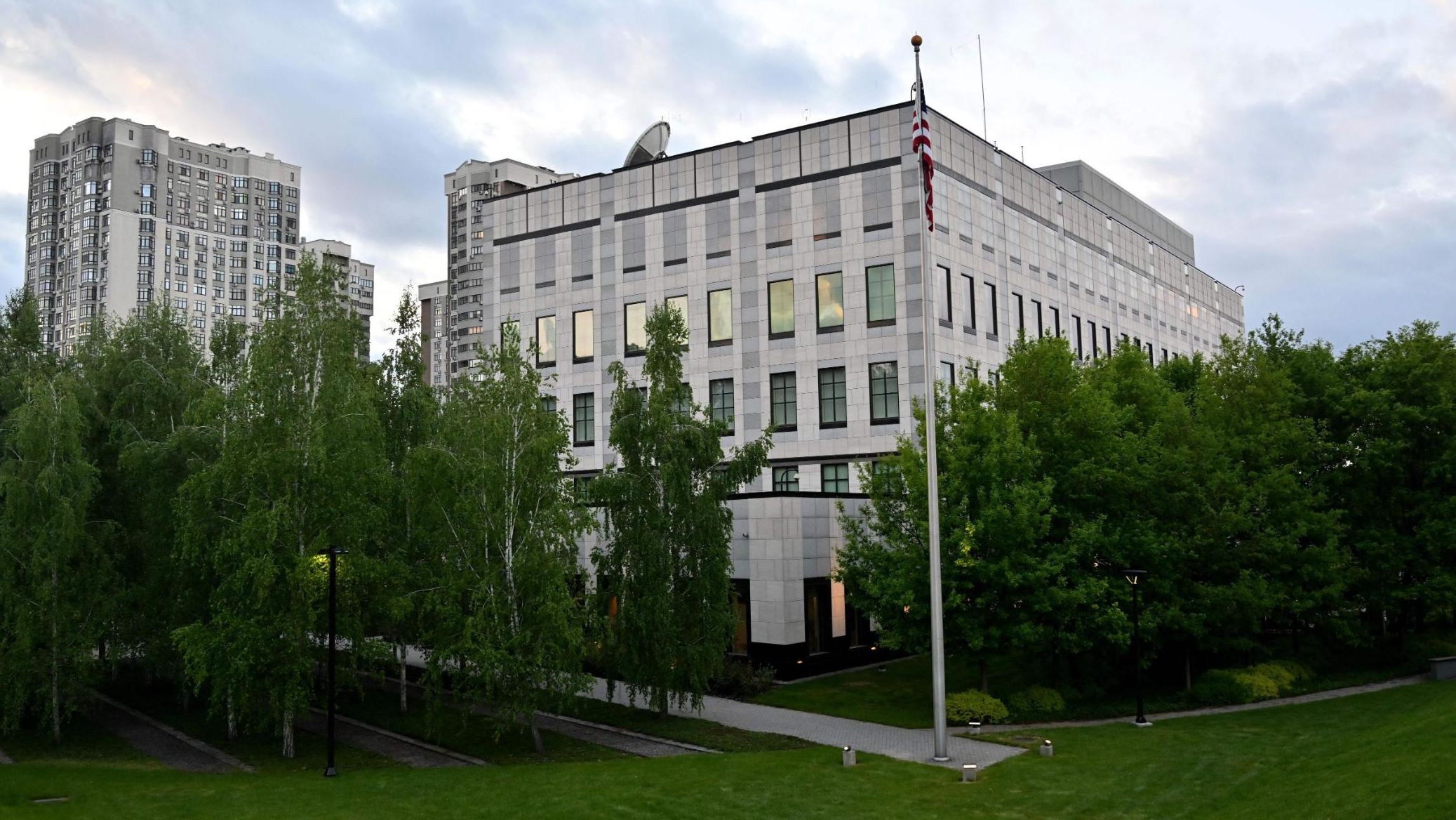 A picture shows a general view of the US embassy in Kyiv on May 18, 2022, as the embassy reopens after closing it for three months due to Russia's invasion.