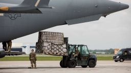 Pallets of Nestle Health Science Alfamino Infant and Alfamino Junior formula are unloaded from a US military aircraft at Indianapolis International Airport in Indianapolis, Indiana, US, on Sunday, May 22, 2022. The first air shipment of baby formula, originating from Zurich, Switzerland, was delivered under the Operation Fly Formula emergency program authorized by President Biden to address a national shortage that has parents struggling to meet the needs of their newborns. Photographer: Kaiti Sullivan/Bloomberg via Getty Images