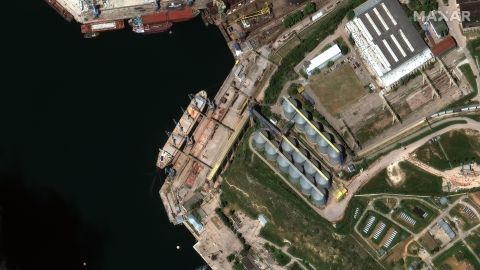 A satellite image from Maxar Technologies shows the Russia-flagged Matros Pozynich docked in Sevastopol on May 19.