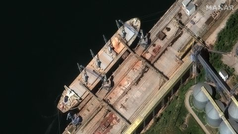 A satellite image from Maxar technologies shows grain being loaded into the hull of the  Russia-flagged ship Matros Pozynich in Crimea