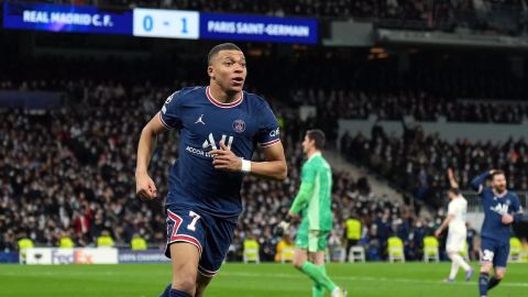 Mbappé celebrates a goal which was later disallowed against Real Madrid in the Champions League.